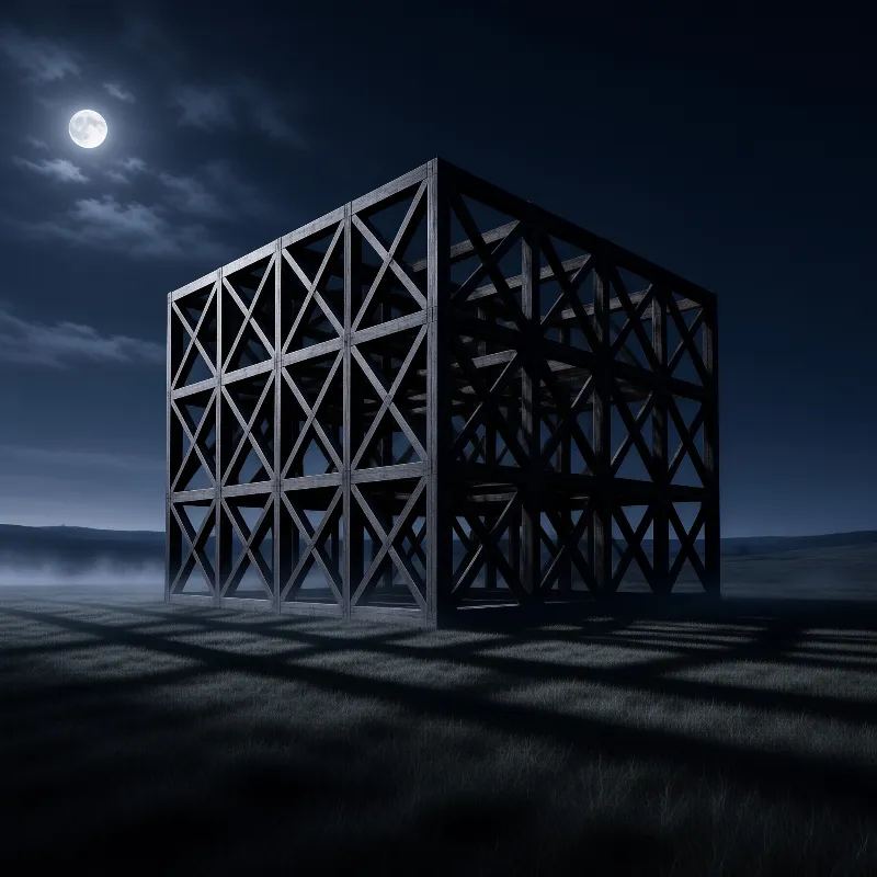 A large wooden truss frame stands alone in a misty field under a bright full moon casting long shadows.