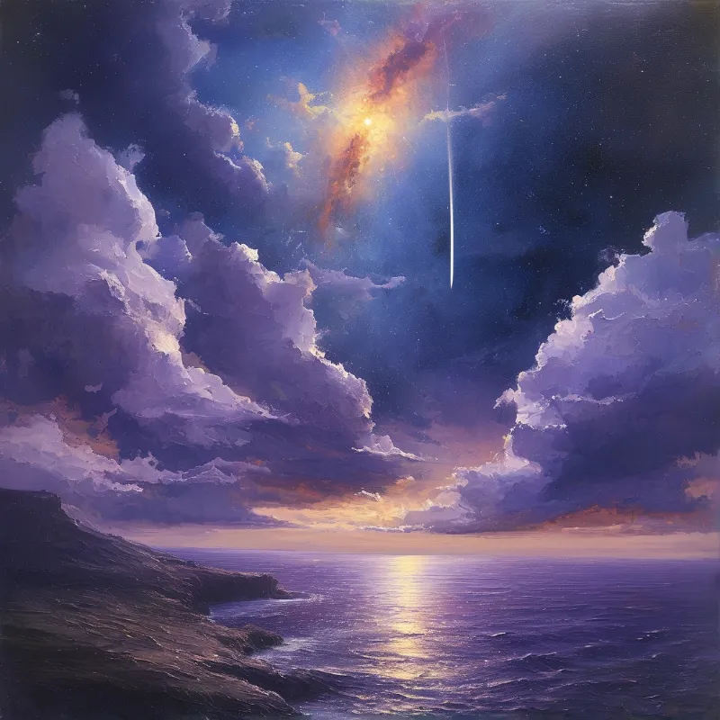 Volumetric purple cumulus clouds surround a glowing celestial source projecting a sharp white beam onto the dark ocean surface.