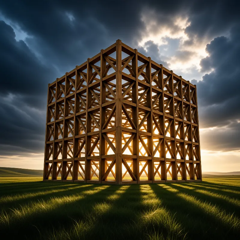 A large wooden lattice structure stands alone in a green field while sunlight breaks through dark storm clouds behind it.
