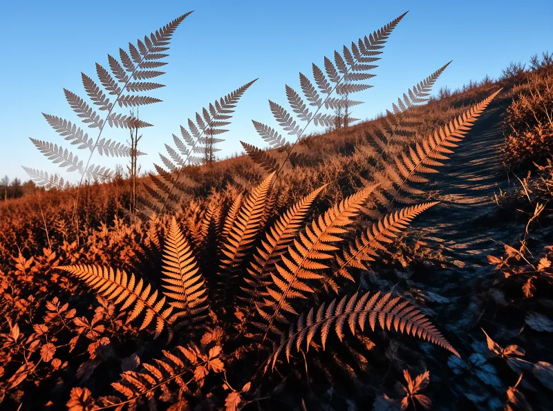 Overlapping fern fronds glow orange against a blue sky and dry hillside during the golden hour.