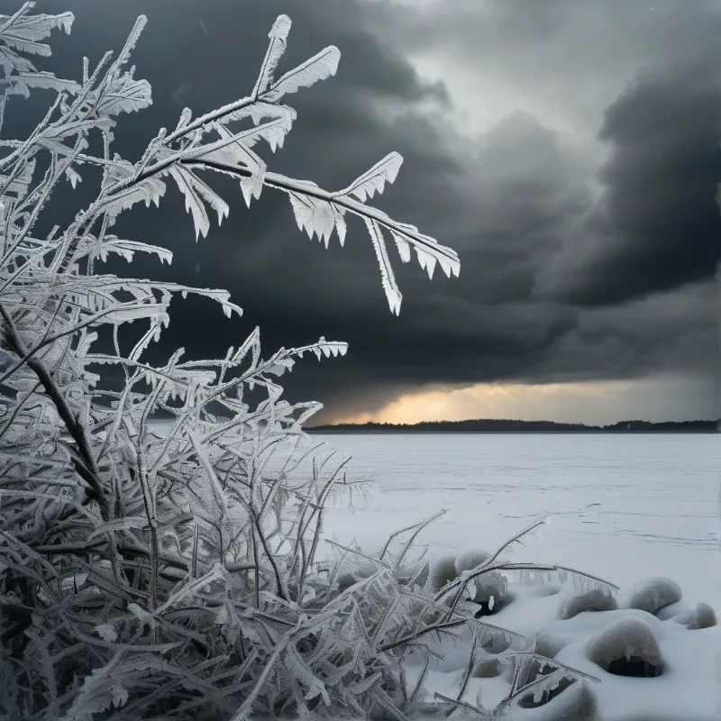 Delicate ice feathers coat bare twigs in the foreground while storm clouds and a band of gold light hang over ice.