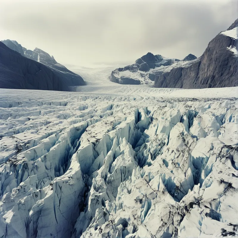 A vast white glacier featuring deep blue crevasses stretches between dark rocky mountains under a grey cloudy sky.