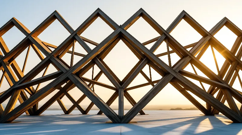 A wooden diamond lattice stands on a white salt flat lit by warm sunset light.