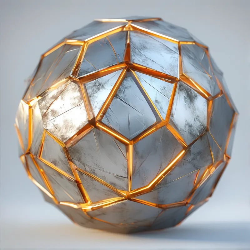 A faceted geometric orb of brushed silver panels outlined by warm glowing copper seams against a pale neutral field