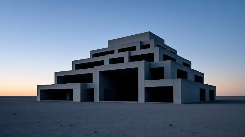 A massive stepped concrete building with open rectangular voids stands isolated on a wide flat plain beneath a gradient twilight sky.