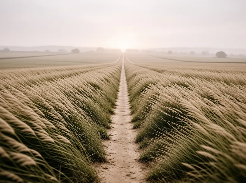 A narrow dirt trail cuts through dense crop rows while heavy haze blurs the distant tree line.