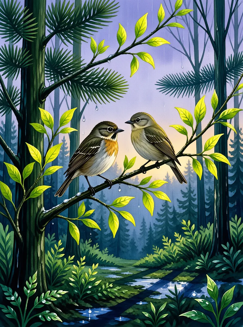 Two small birds with orange and brown feathers perch on a rain-soaked branch in a misty green forest
