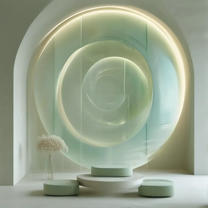 A soft glowing circular structure dominates a minimalist white space with low mint platforms and white flowers.