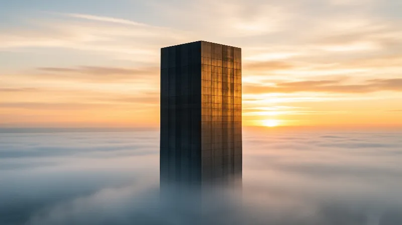 A dark glass skyscraper rises from a thick layer of clouds with the setting sun glowing orange behind it.
