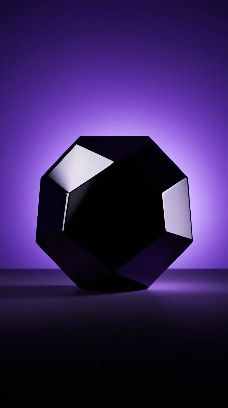 Black faceted polyhedron on a dark surface against a purple gradient backdrop with sharp highlights