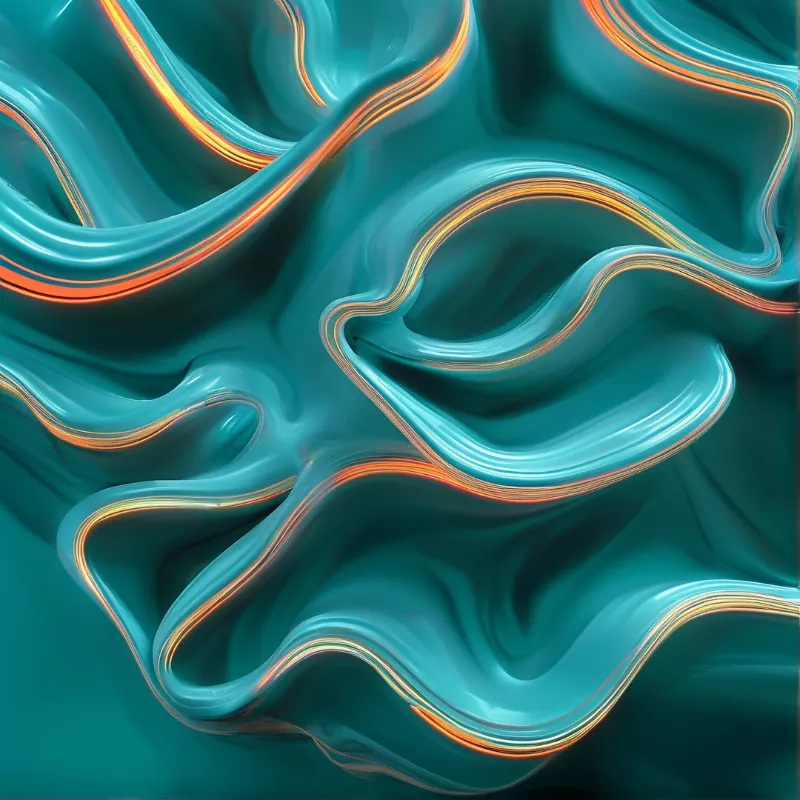 Glossy teal fluid forms undulate across the frame with bright orange and yellow highlights tracing the curves of the molten surface.