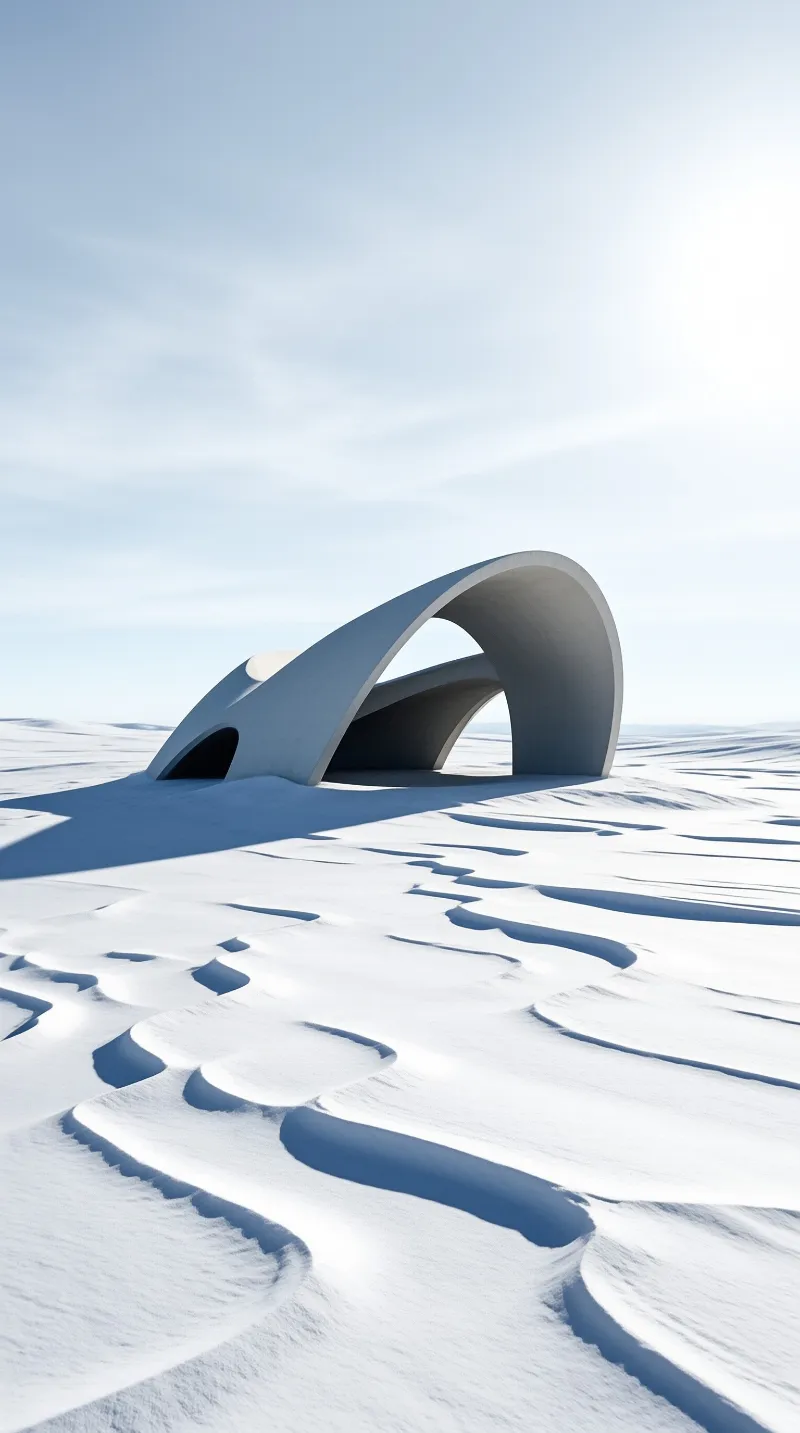 A massive white curved architectural form rises from a rippled snowy landscape under clear skies.