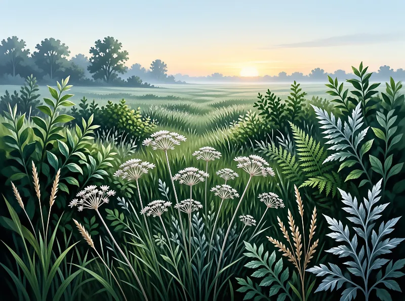 Lush green grass and white wild umbelliflowers stand in a hazy misty field with the rising sun glowing over distant tree lines.