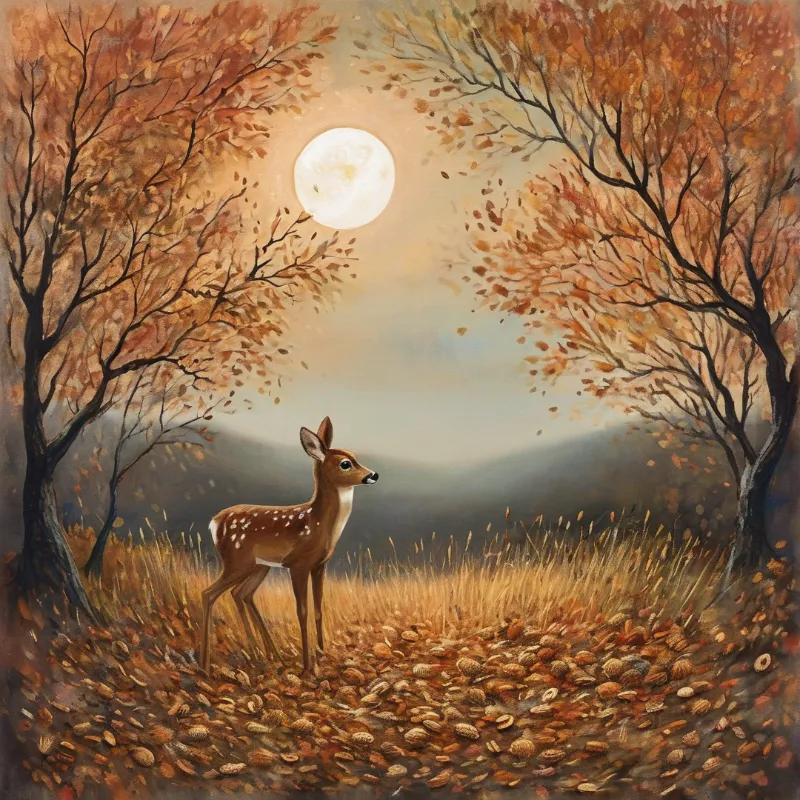 A young spotted deer stands in a grassy clearing surrounded by orange autumn trees beneath a large bright full moon.