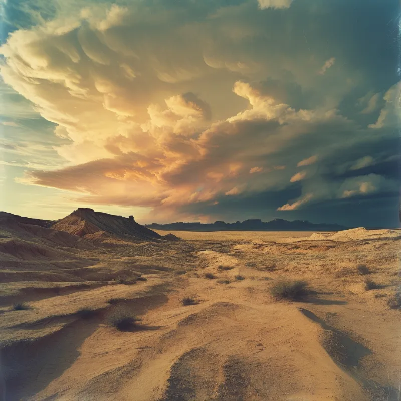 A wide view of a sandy desert with sparse vegetation and a distant rocky formation beneath a large expanse of colorful clouds.