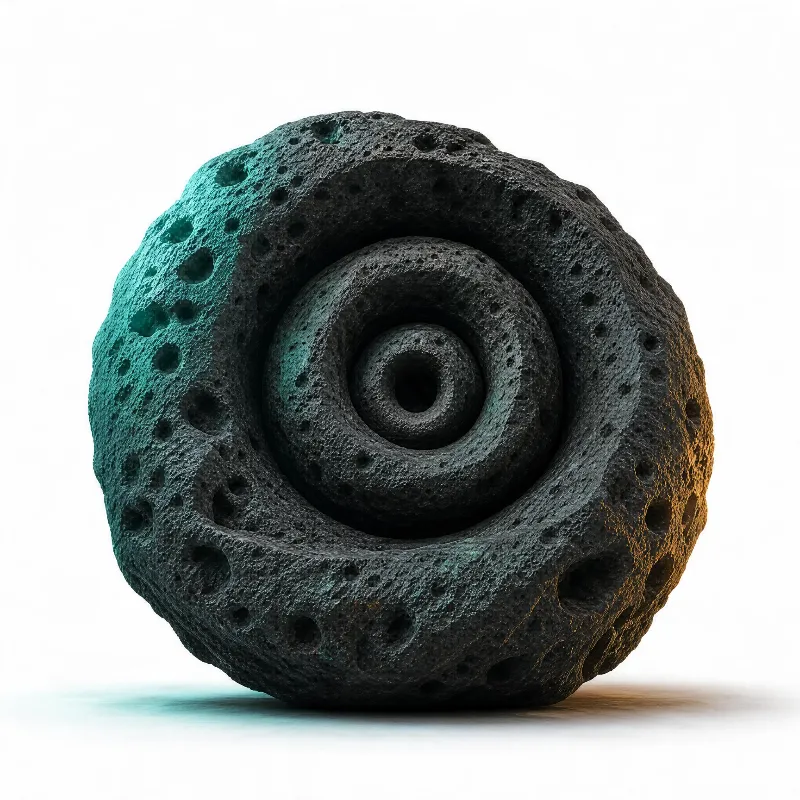 A textured spiral stone with teal and amber lighting, set against a plain white background.