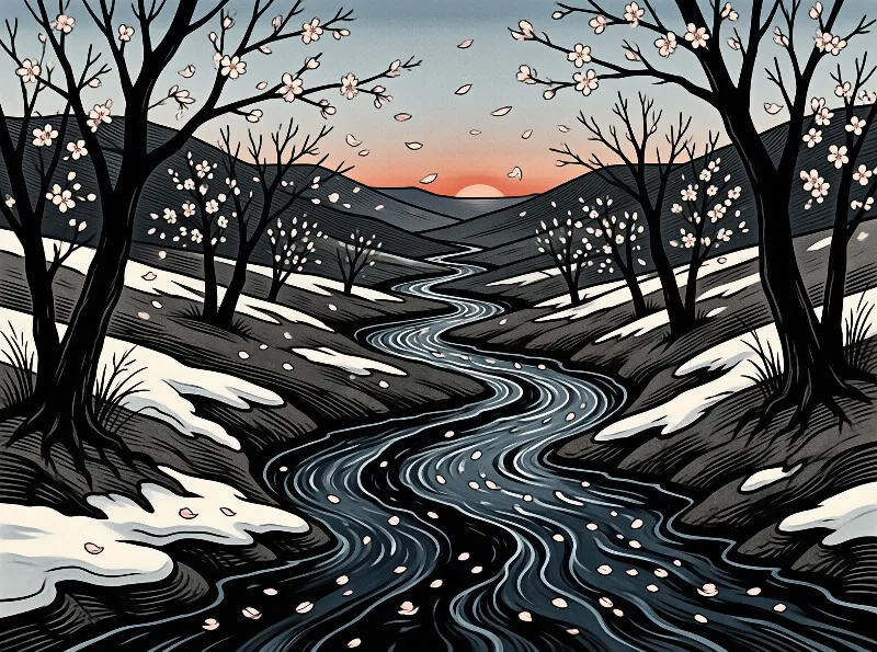 Dark trees with pink blossoms frame a winding river of white petals, bordered by snow patches, beneath an orange sunset.