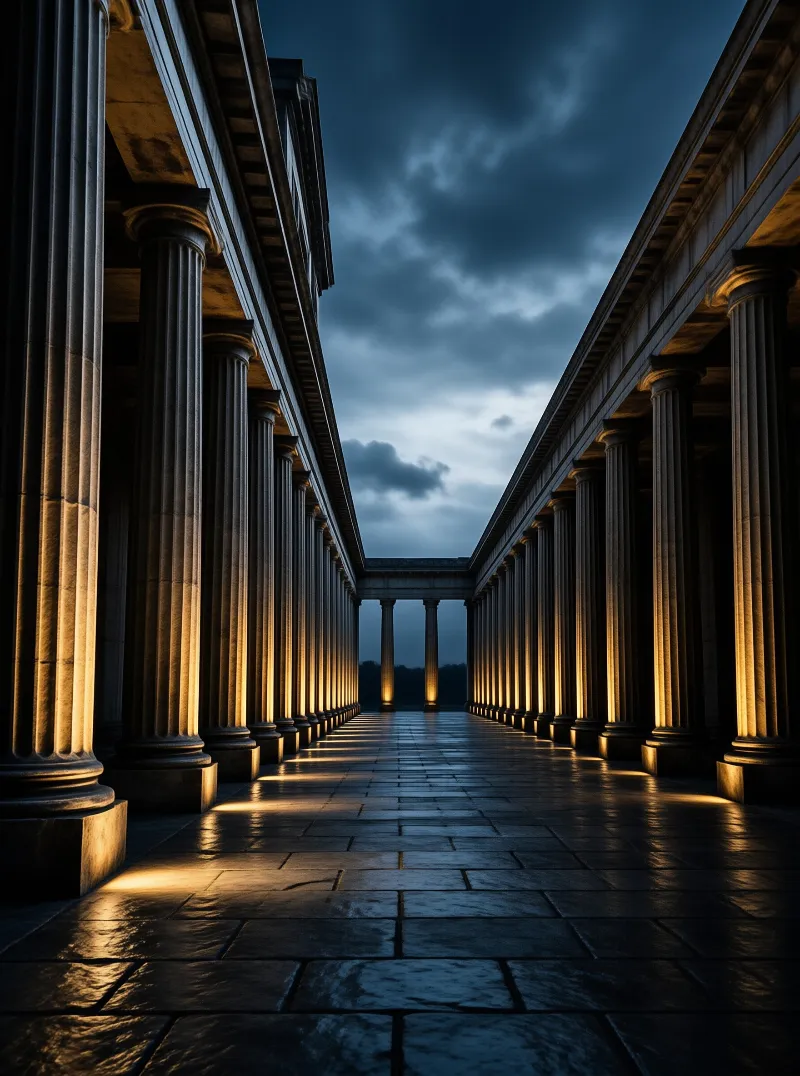 Illuminated Colonnade at Dusk
