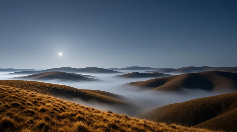 Grassy hills rise above valleys filled with thick fog under a bright sun and clear blue sky.