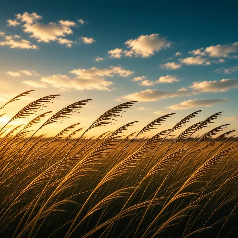 Tall grass blades curve against a blue sky filled with warm clouds illuminated by low sun.
