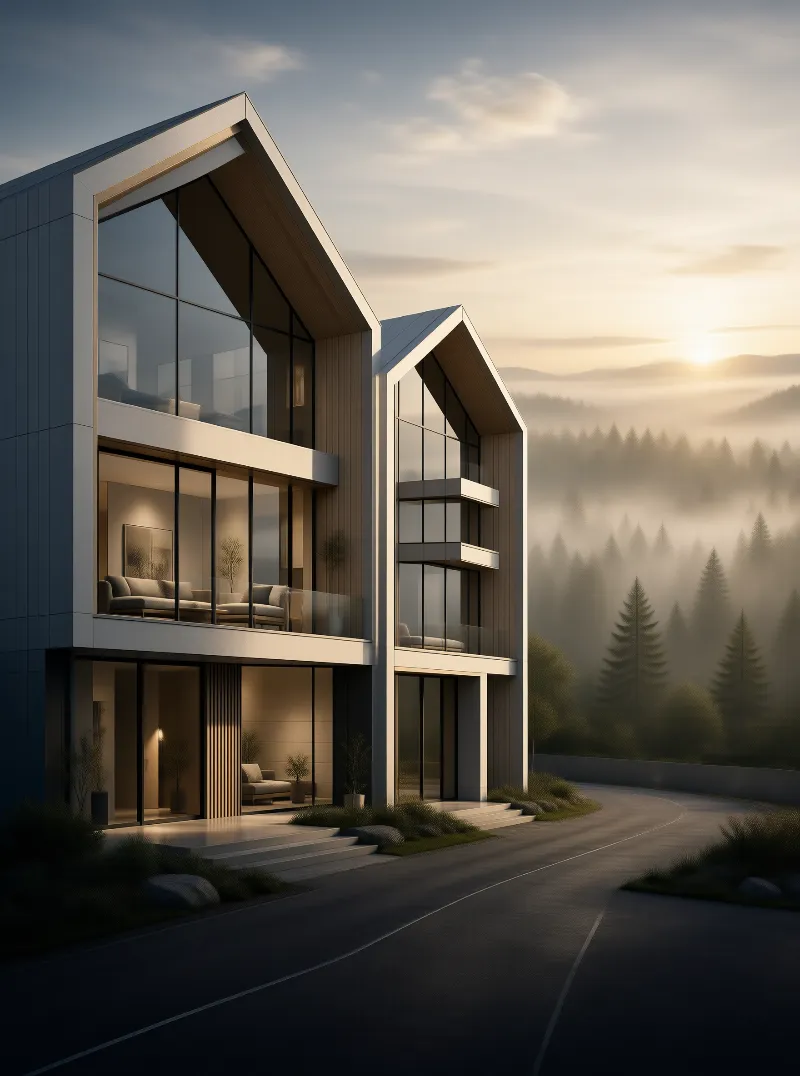 Glass Chalet in Misty Pine Forest