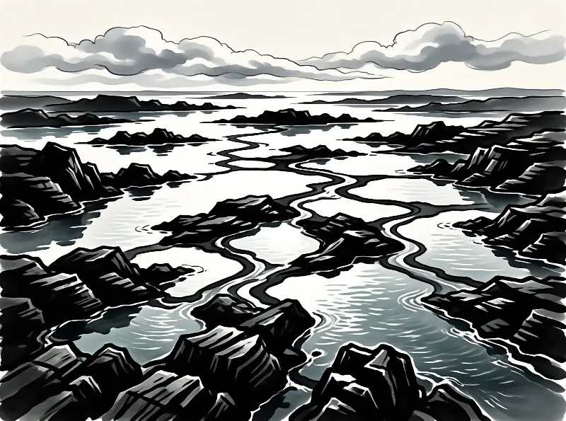 Black and white art of jagged dark rocks split by winding tidal streams leading to low distant ocean hills under hazy clouds.