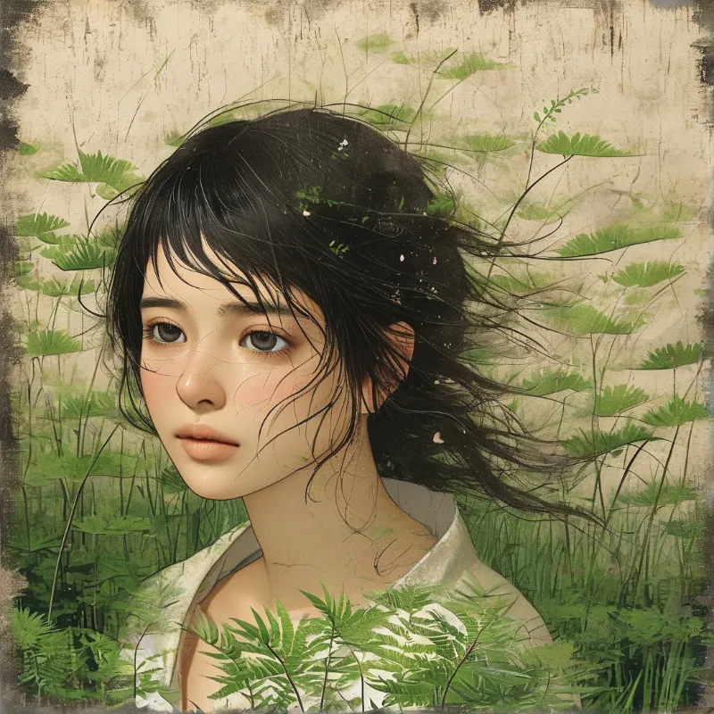 A portrait of a young woman with dark hair blowing in the wind, surrounded by green ferns and soft vintage lighting.