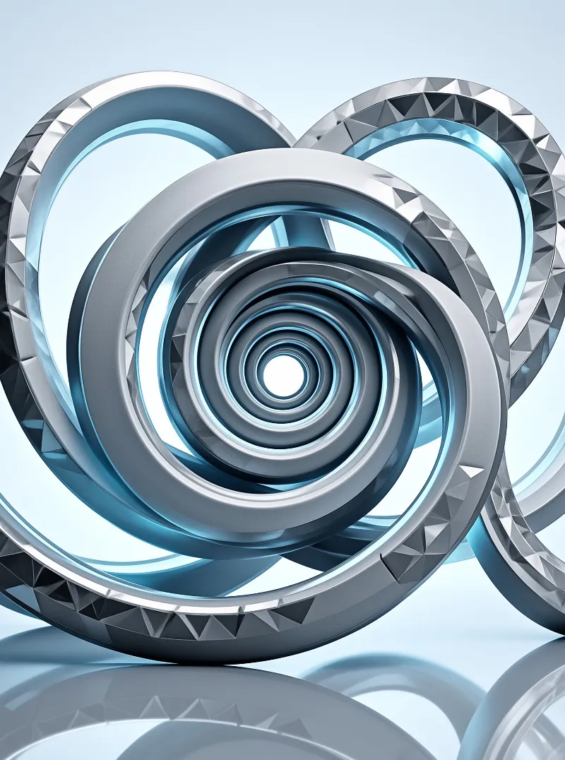 Interlocking metallic rings form a spiral tunnel with blue reflections on a glossy surface below.