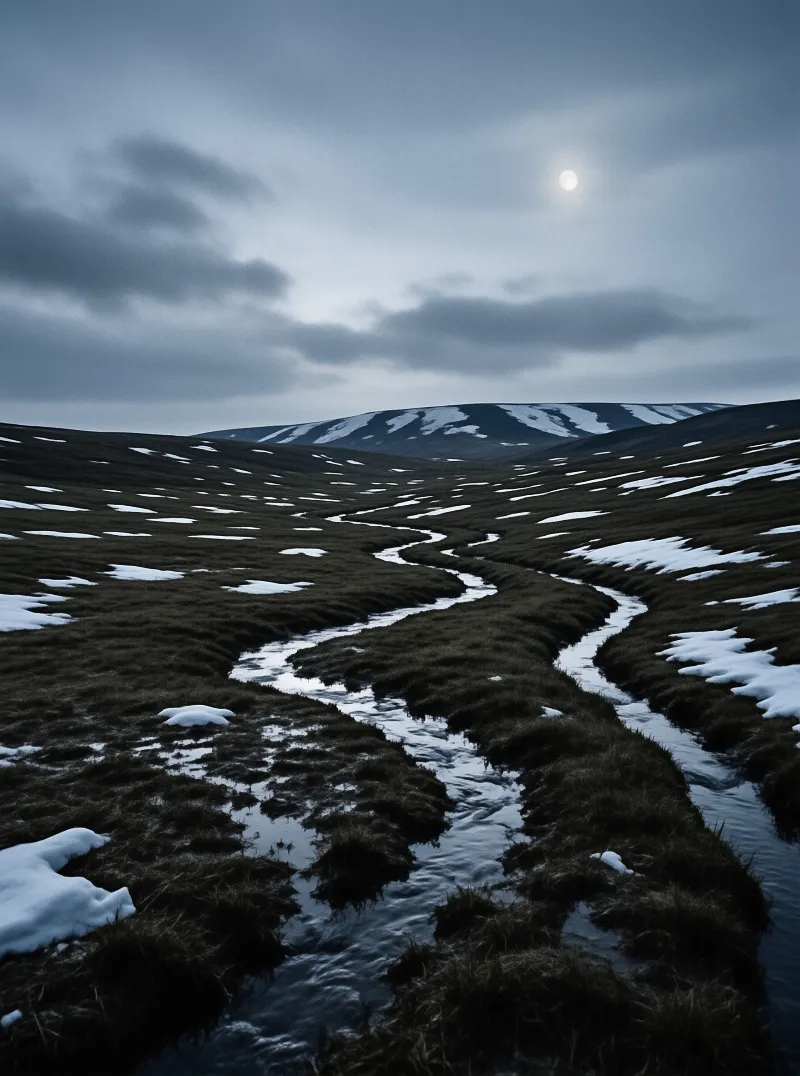 A winding stream flows through dark grassy hills dotted with patches of snow under a cloudy moonlit sky.