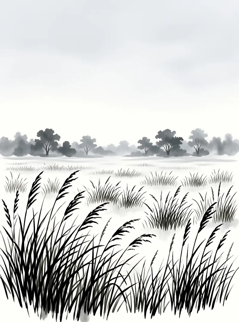 Monochromatic wetland vegetation silhouetted against a fading treeline.