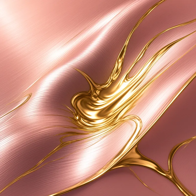 Organic molten gold shapes flow across a brushed rose gold surface with bright specular highlights reflecting overhead light.