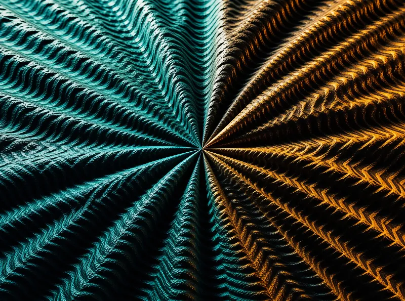 Radiating wavy ridges fold outward from a central point, splitting the frame into teal and amber halves.