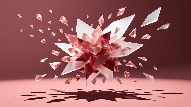 A burst of pink and white crystal fragments freezes in motion above a flat surface casting dark angular shadows.