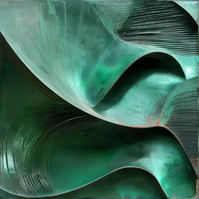 Abstract green metallic shapes curve and fold across the frame with varying textures of smooth polish and fine ridges.