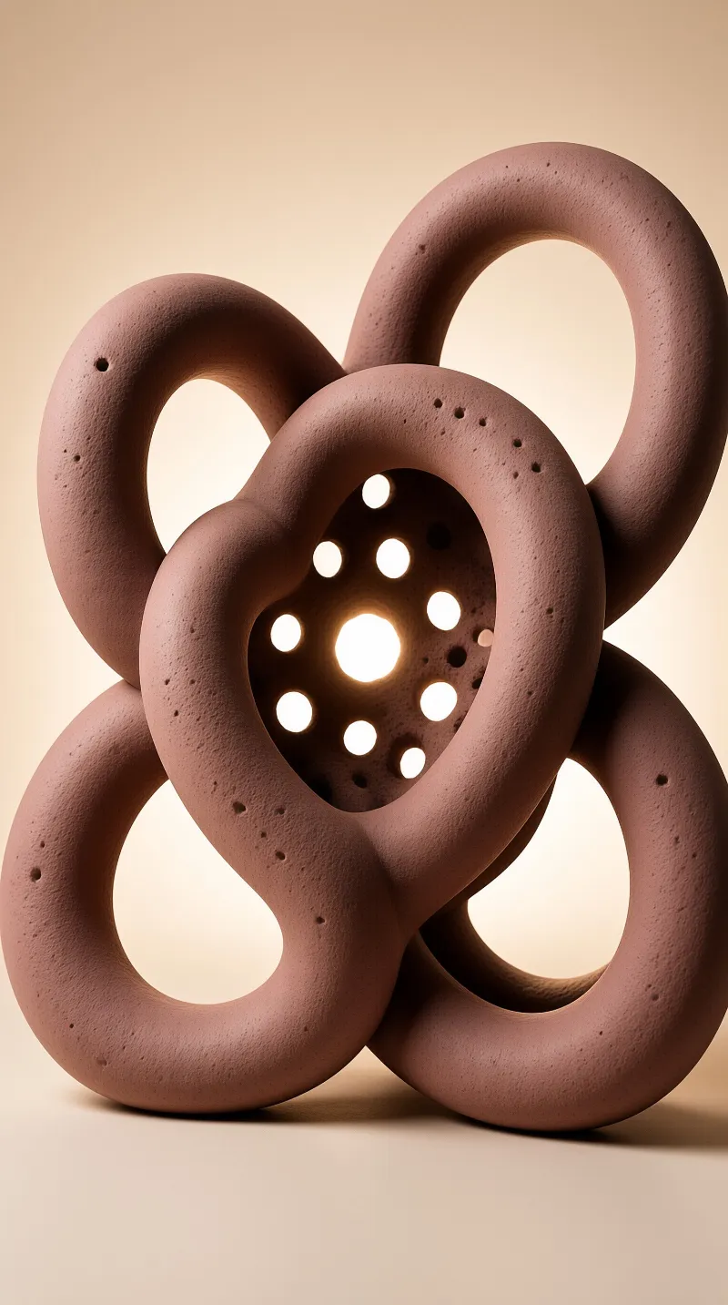 An abstract sculpture of intertwined terracotta colored loops with circular holes glowing against a warm beige backdrop