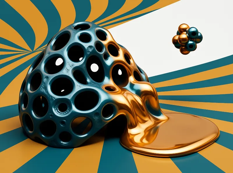 A teal porous sphere melts into a glossy golden puddle, set against radiating teal and gold stripes with a small cluster of spheres floating above.