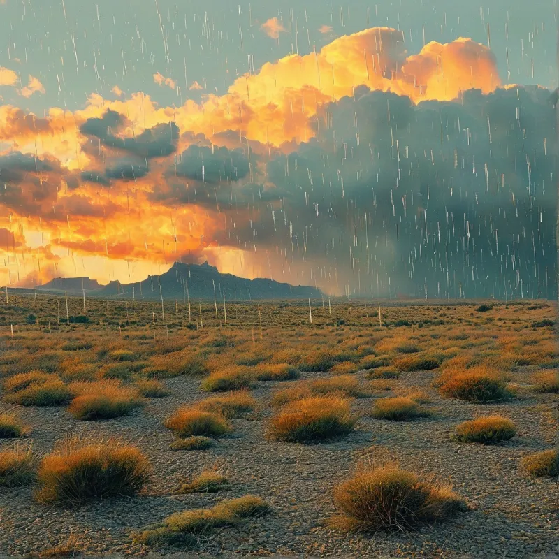 Orange sunset light glows behind heavy rain falling over a desert with scattered cacti and distant mountains.