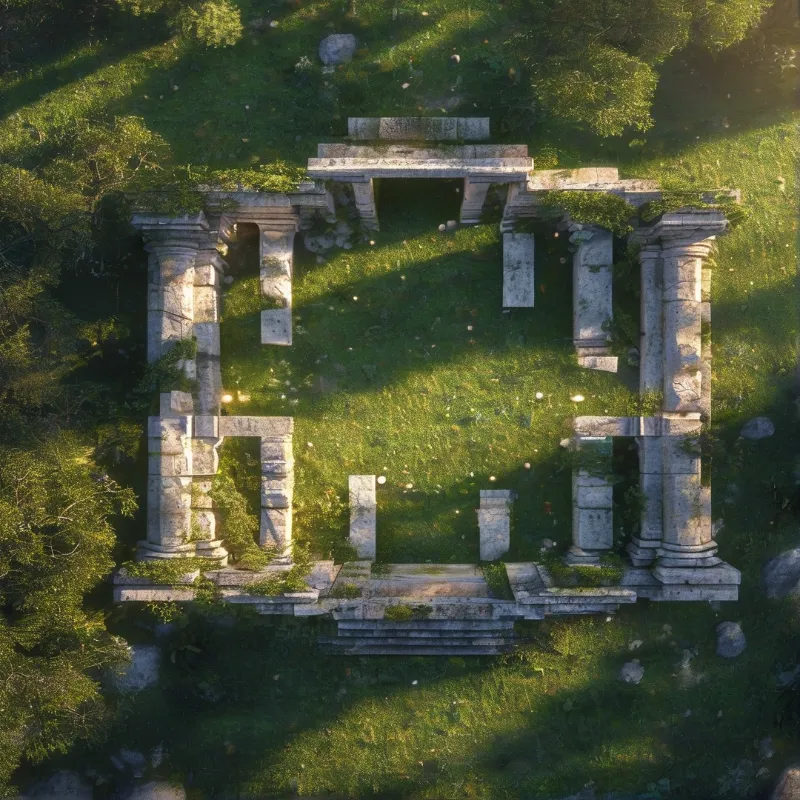 Aerial view of a weathered stone ruin surrounded by green grass and trees with dappled sunlight.