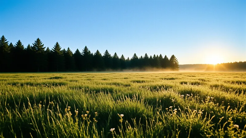 Green meadow with white flowers meets dark pine forest under rising sun and misty golden light.