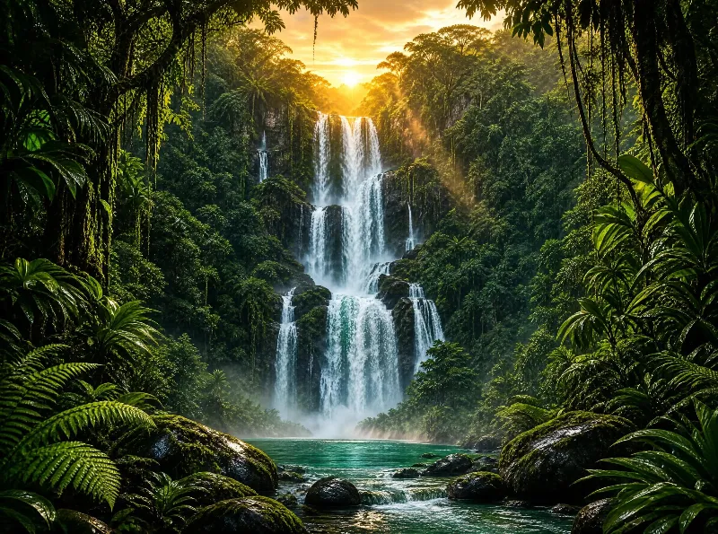 Tropical Waterfall in Rainforest