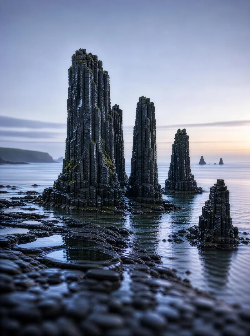 Tall basalt columns rise from calm seawater at low tide during blue hour, with distant rocky outcrops in the background