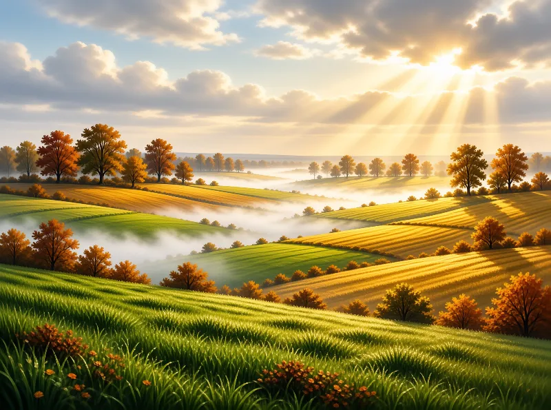 Rolling hills covered in mist feature orange autumn trees illuminated by bright sun rays breaking through the clouds.