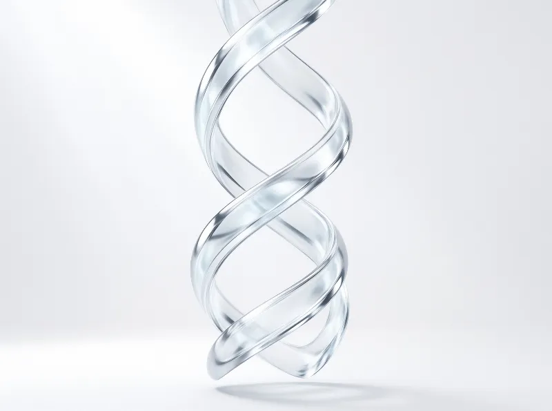 Two transparent ribbons twist in a vertical spiral, refracting cool light against a seamless pale backdrop.