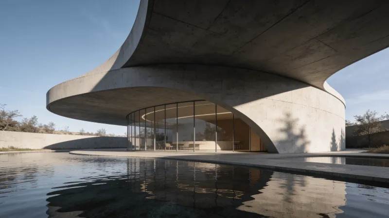 Pavilion with Curved Concrete — Reflecting Pool