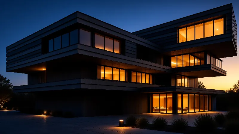 Stacked dark volumes of a modern residence light up from within against an evening sky.