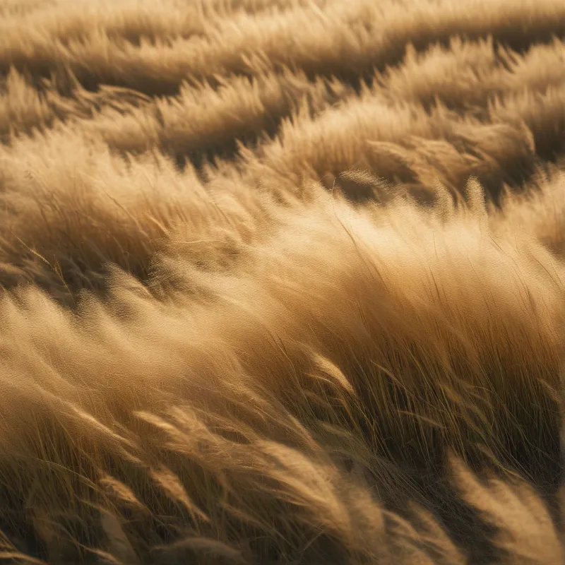 Close up view of feathery golden grass blades swaying in a field with soft warm lighting.