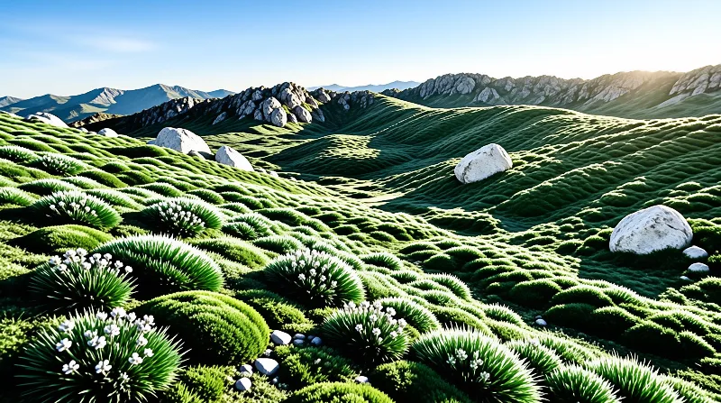 Rolling carpets of bright green moss ripple between white stones and tiny blossoms under a clear blue sky
