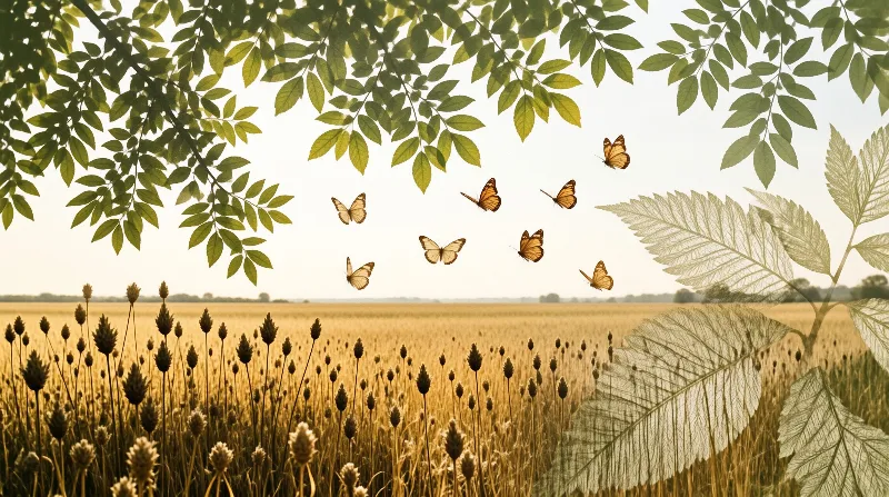 Mixed orange and pale butterflies fly across a sunlit open wheat field, framed by overhanging green tree leaves.