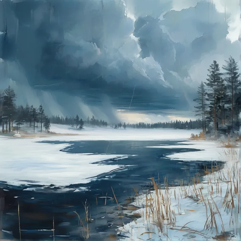 A painting depicts a partially frozen lake surrounded by pine trees under a heavy overcast sky with light breaking through clouds.