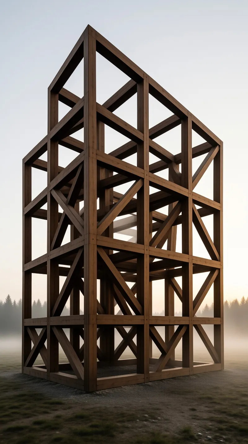 A tall wooden skeletal structure stands on grass with diagonal beams visible through fog and distant trees under soft light.
